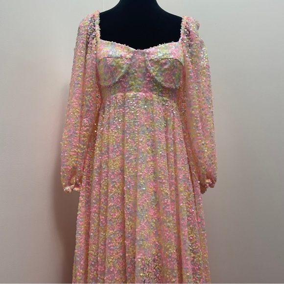 Selkie- Rainbow Sequin Princess Gown Size XS 3/4 Sleeve Sweetheart Maxi Dress - Picture 7 of 16